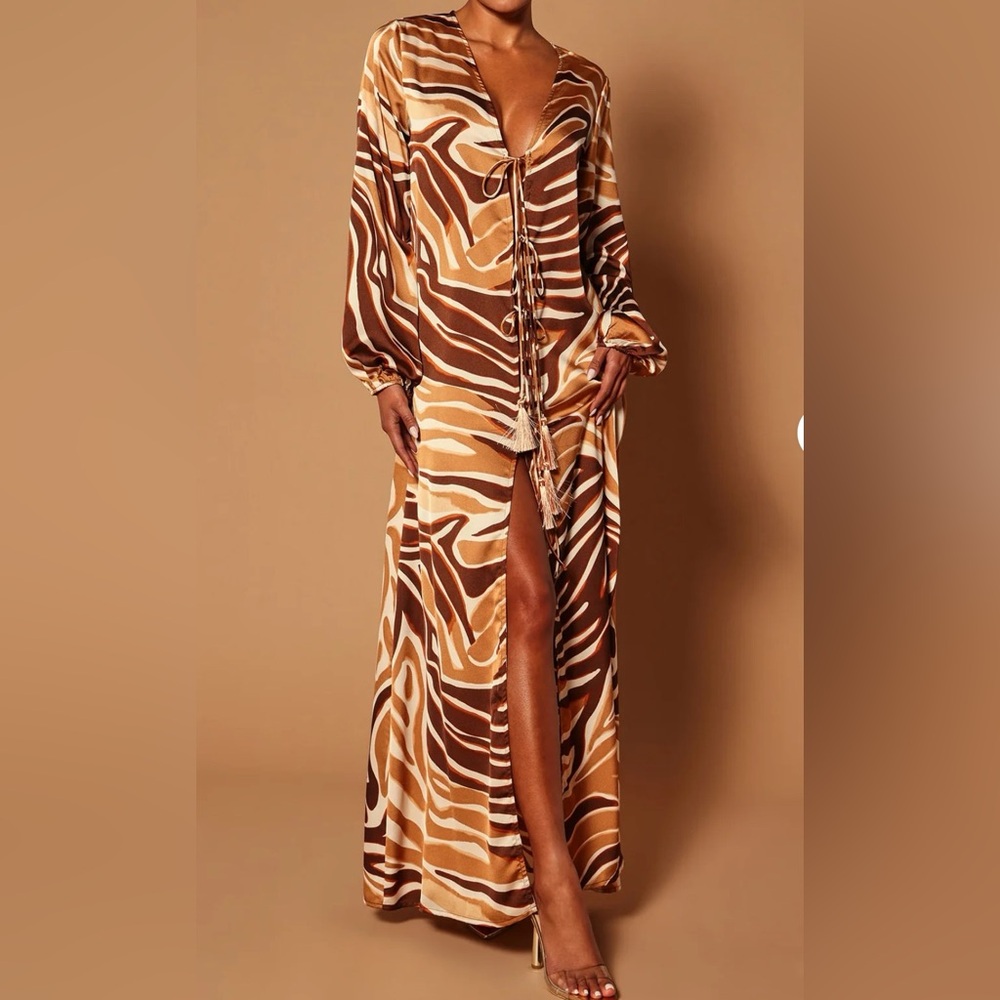 Fashion Nova NovaLux Deep V-neck Tassel Tie Buttons Amy Maxi Dress Size Small